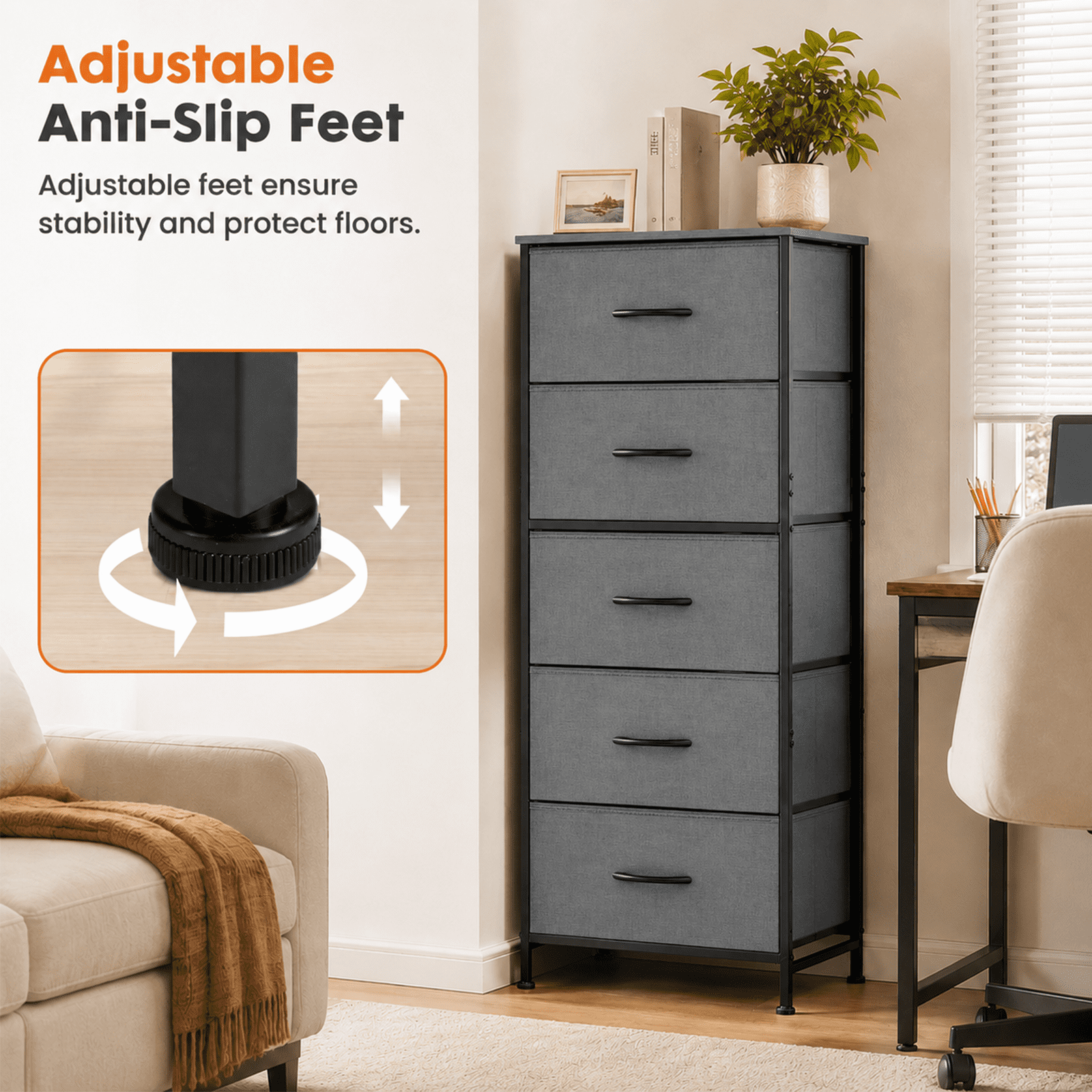 Alvantor Tall Dresser for Bedroom with 5 Drawers, Vertical End Table and Nightstand for Bedroom, Storage Organizer Chest of Drawers with Removable Fabric Bins