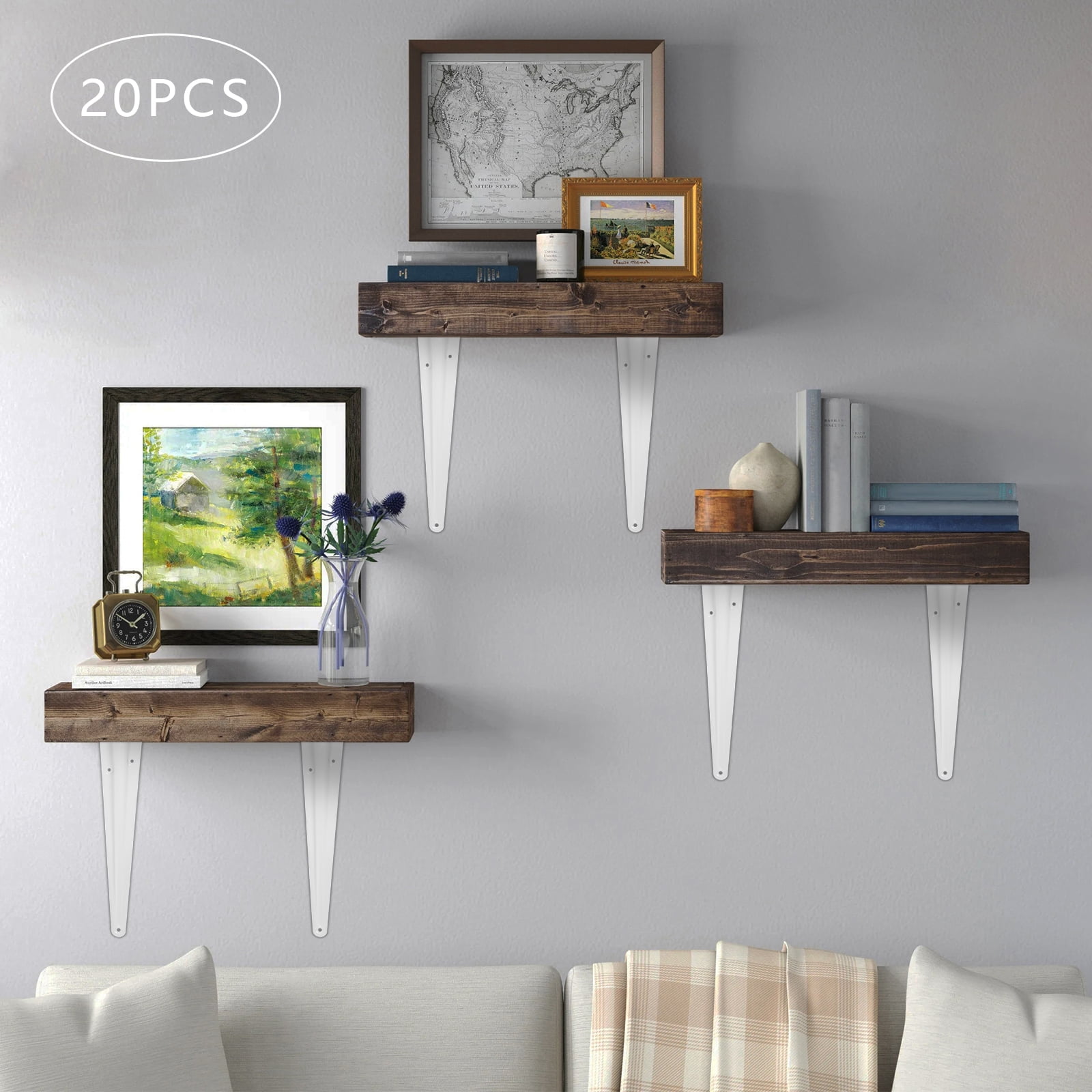 Heavy Duty Shelf Brackets, 20-Pack 8x10 Inch L-Shaped Corner Braces, White Powder Coated Carbon Steel, Supports 16.5lbs Each, for Wall Mounted Shelves