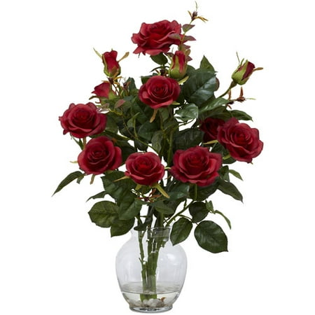 Nearly Natural Rose Bush Silk Flower Arrangement with Vase,
