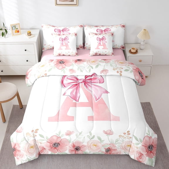 Erosebridal Initial Monogrammed Bedding Sets Twin Size,Floral Bowknot Comforter Sets with Sheets,Letter Room Decorative,Reversible,Lightweight,7-Piece