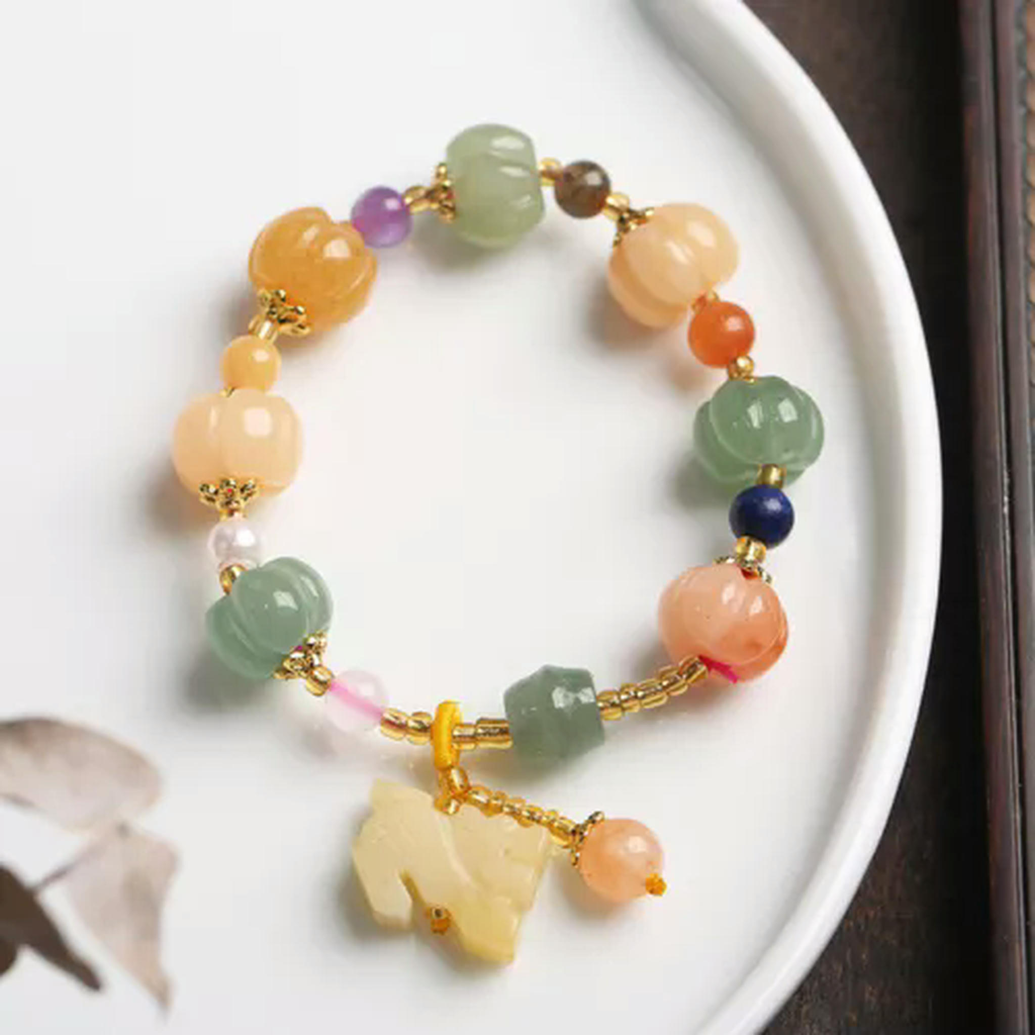 EOEMY Natural Gold Jade Pumpkin Beads Beaded Bracelets For Women Lady Gourd Pendant-Gourd