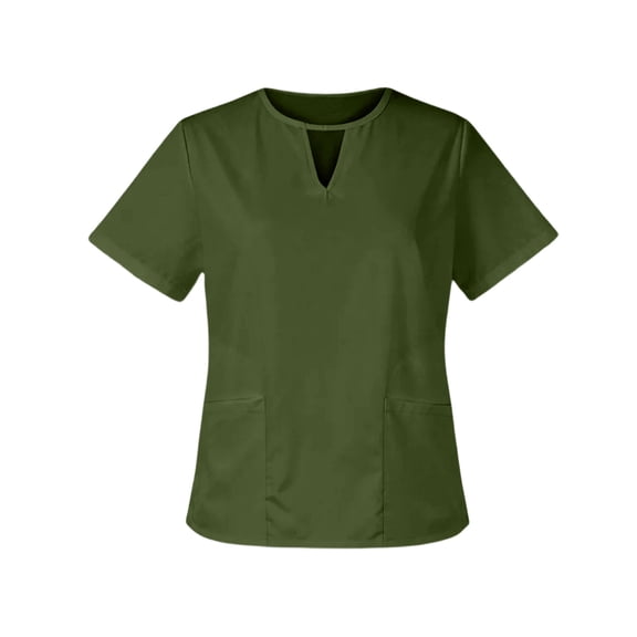 Domuza Scrubs for Women Solid Color Nursing Tops V-Neck Short Sleeve Wrinkle-Free Workwear with Pockets Army Green S