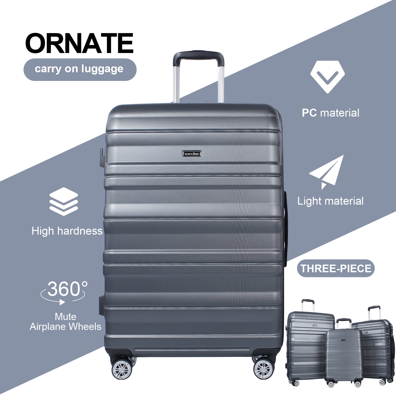 Tripcomp Hardside Luggage Set 3-Piece Set(21/25/29) Lightweight Suitcase 4-Wheeled Suitcase Set(Grey)