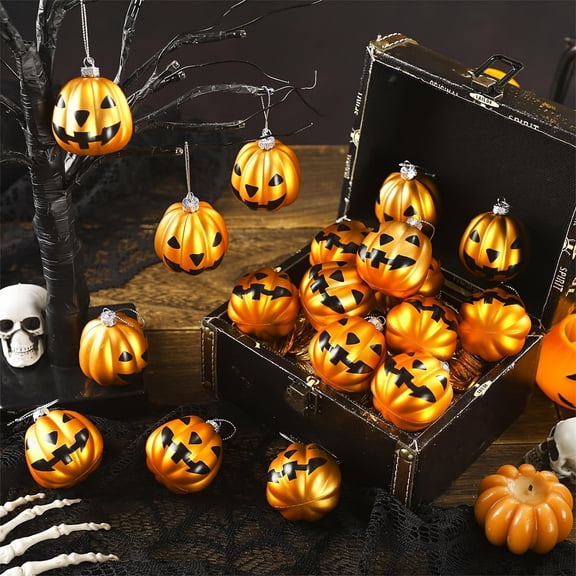 Racsoh 12 Pack Metallic Pumpkin Ball Ornaments, Faux Fall Tree Hanging Decorations, Gold Pumpkin Pendants, for Halloween Thanksgiving Christmas Tree Decor