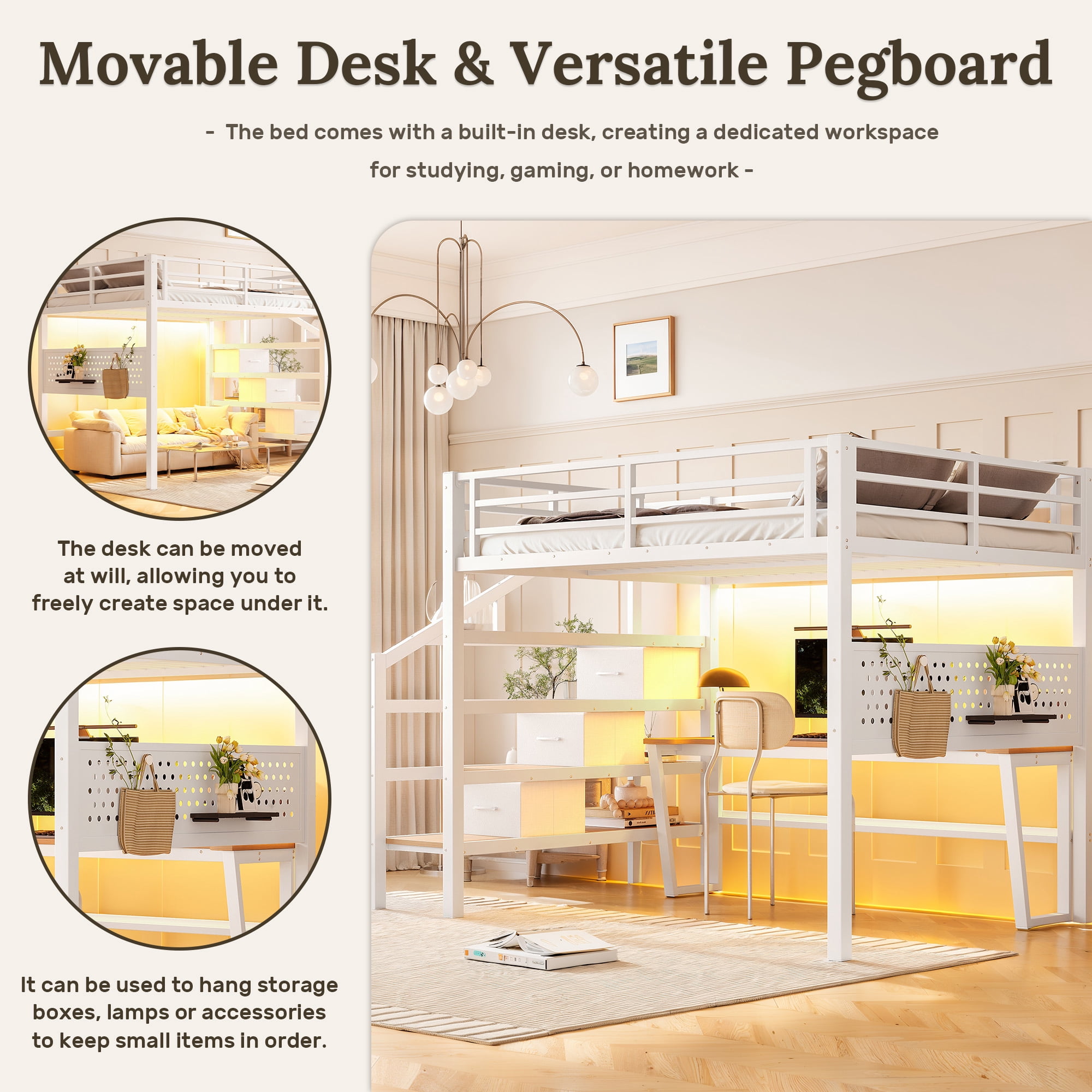 Leumius Full Size Loft Bed with Storage Stairs and Movable Desk with USB,Metal Loft Bed Frame with 3 Fabric Drawers and LED, Full-Length Guardrail and Pegboard,Antique White