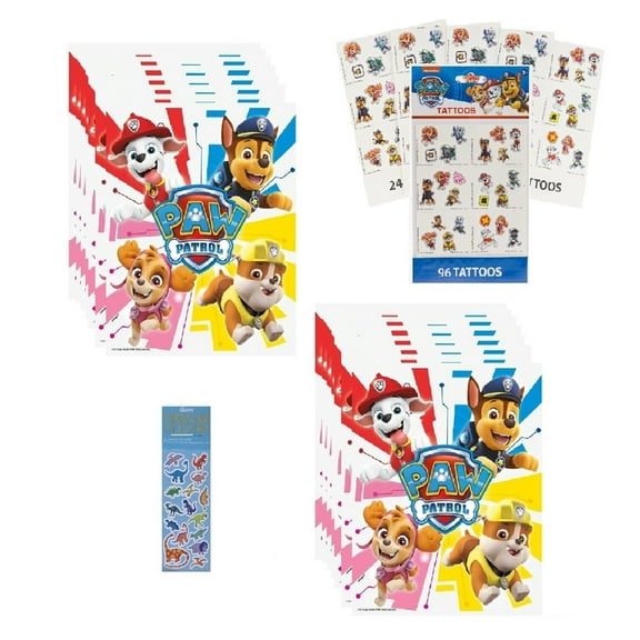 Paw Patrol Birthday Party Favors Supplies includes 16 Loot Bags, 96 Tattoos and 1 Dinosaur Sticker Sheet