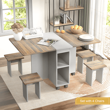 5 Pcs Folding Extendable Dining Table Set with 4 Chairs, Drop Leaf Wood Dining Table Set with Storage & 6 Wheels, Brown   Gray