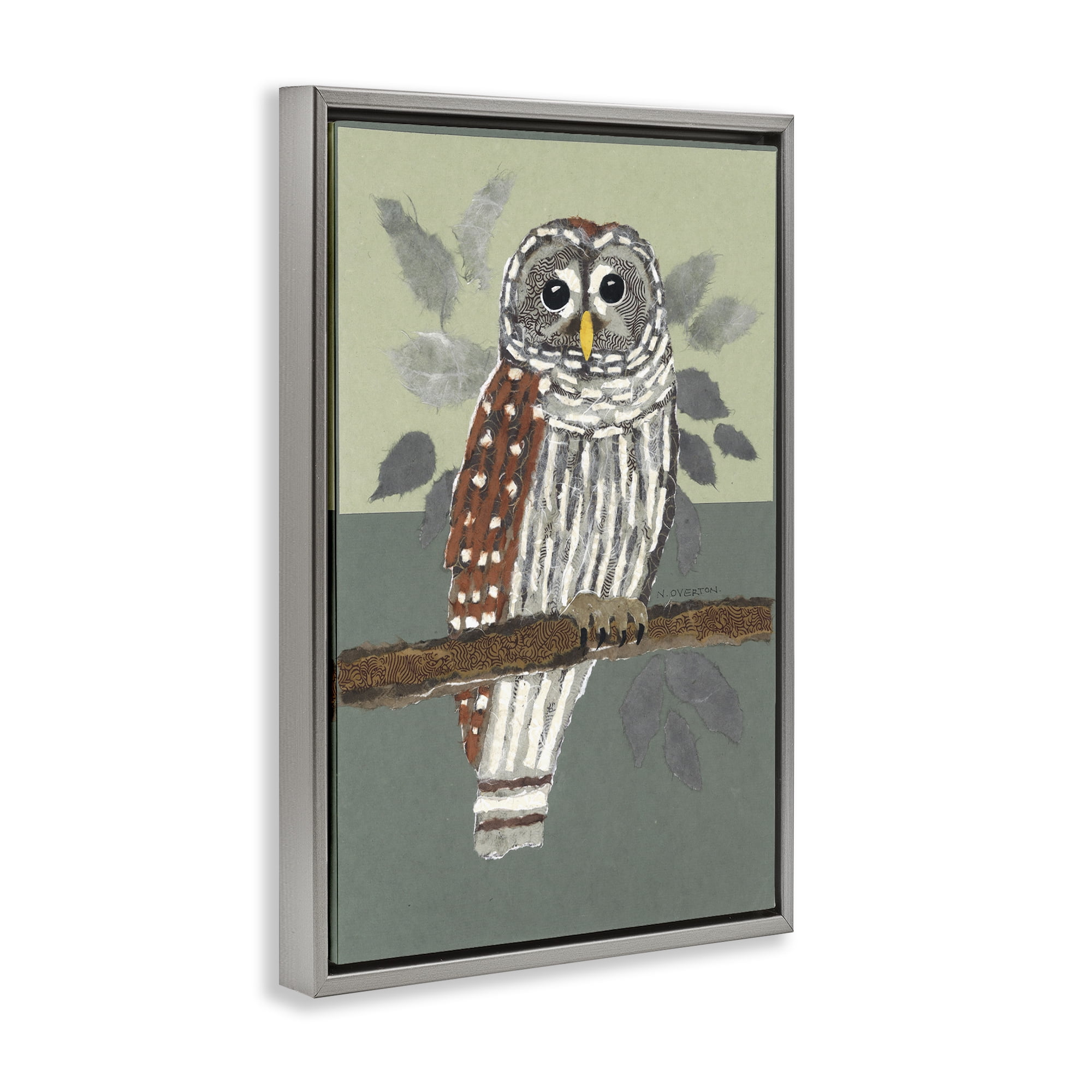 Stupell Industries Owl Perched Tree Branch Animals & Insects Painting Gray Floater Framed Canvas Art Print Wall Art, 17 x 25