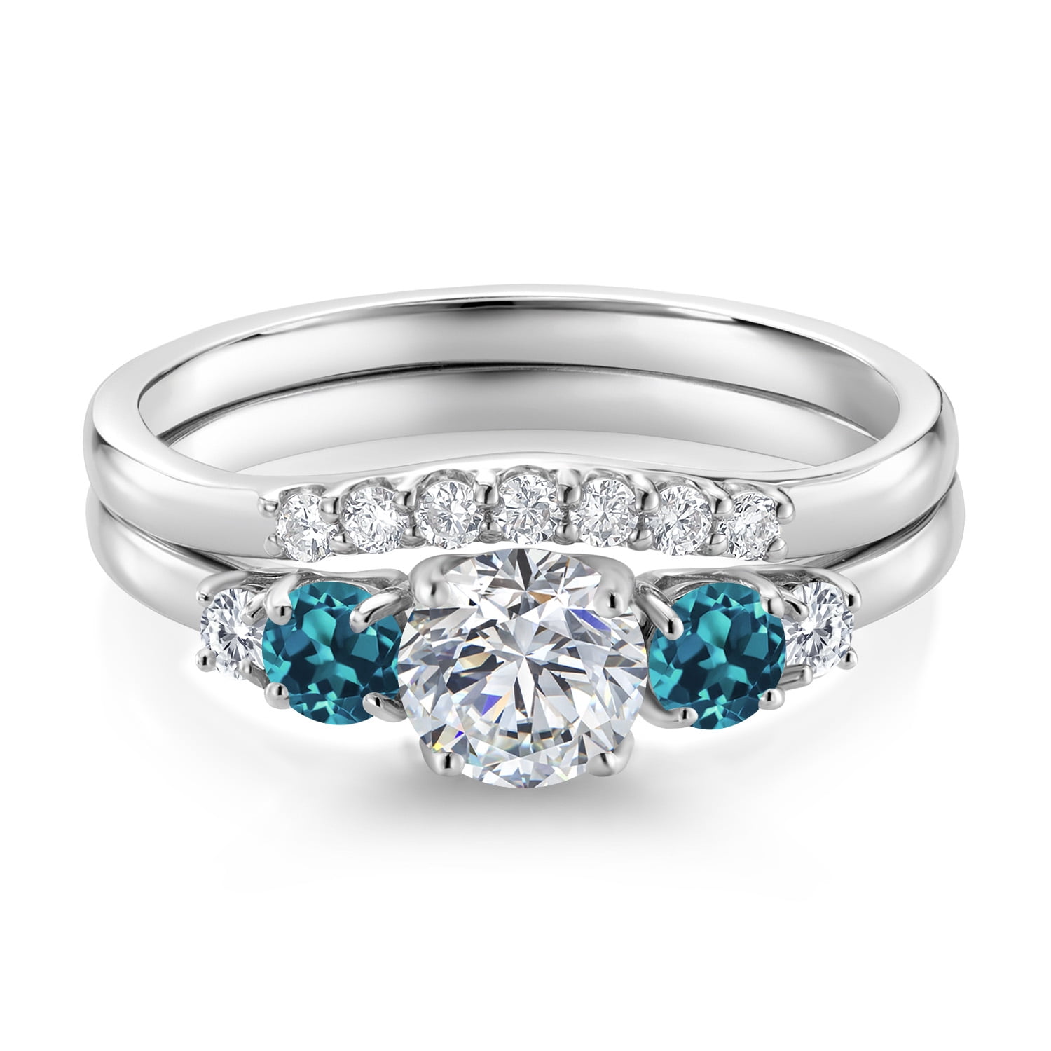 Gem Stone King 10K White Gold White Lab Grown Diamond and London Blue Topaz 5 Stone Bridal Engagement Wedding Ring Set for Women | 0.87 Cttw | Round: 5MM and 3MM | Available in Size 5-9 | Size 6