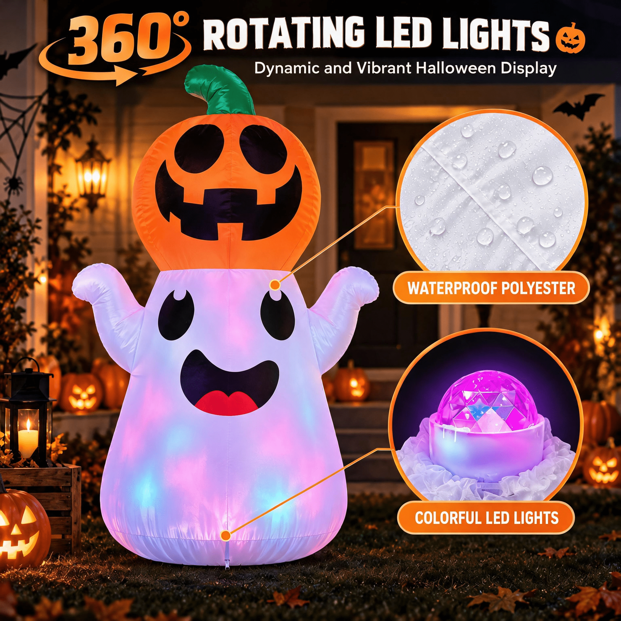 GARITIN Halloween Inflatable Decorations, 5.48 FT Blow Up Ghost with Pumpkin Head, Rotating LED Lights Waterproof Polyester Outdoor Yard Decor