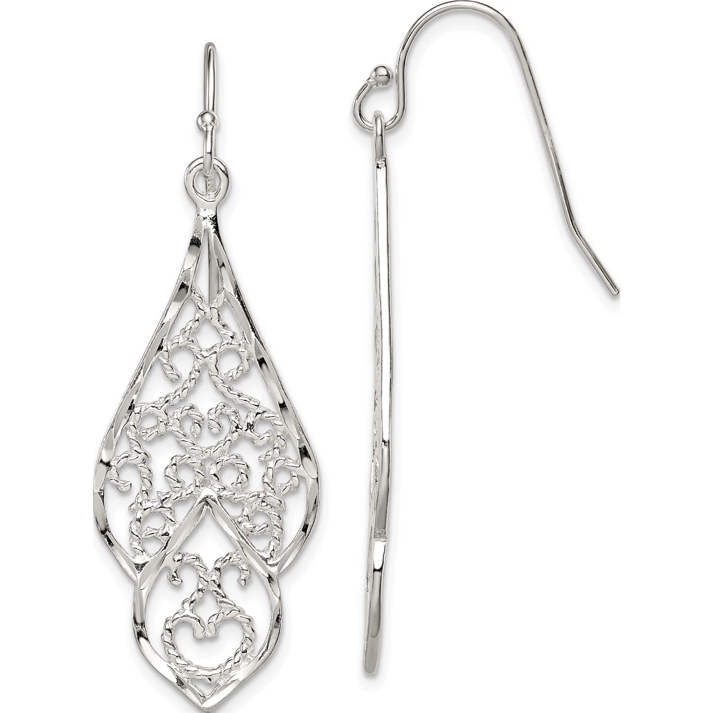 Sterling Silver Diamond Cut Filigree Dangle Earrings (46 X 15) Made In India qe9004