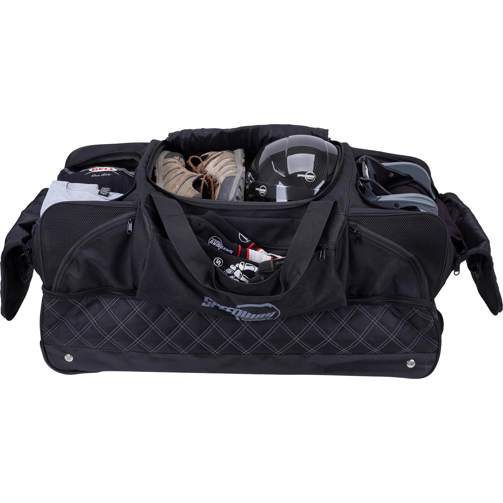Speedway Motors Pro Roller Racing Gear Travel Bag: Large Multi-Compartment for Helmets, Suits, Shoes, 35x15x15 inches, Retractable Handle, Vented Compartments, Durable Nylon, Heavy-Duty Wheels