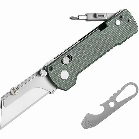 CJB U1 Pro Multitool Folding Utility Knife with Folding Screwdriver Quick Change Blade Rail Lock & Pocket Clip for Men Women(Green Micarta)