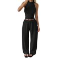 thumbnail image 2 of LEKWK Two Piece Sets for Women Sleeveless High Neck Pleated Tank Tops and Elastic Waist Wide Leg Pants Summer Fashion Casual Vacation Daily Wear, 2 of 7