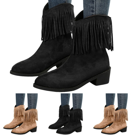 Dakaela Women's Winter Fringe Ankle Boots Round Toe Tassel Short Booties Chunky Heel Walking Dress Shoes