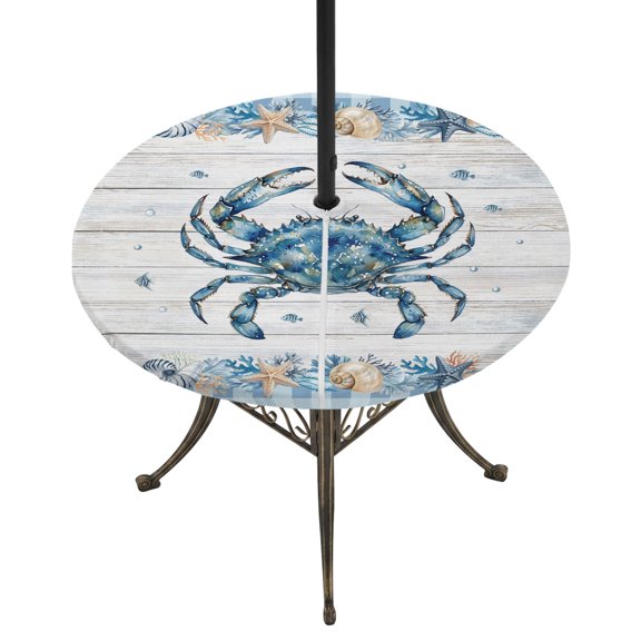 Round Outdoor Tablecloth with Umbrella Hole and Zipper, Blue Crab Coastal Tablecloth with Elastic Waterproof, Summer Nautical Beach Coral Shell Patio Table Covers for 45" - 54" Picnic Pool Tables