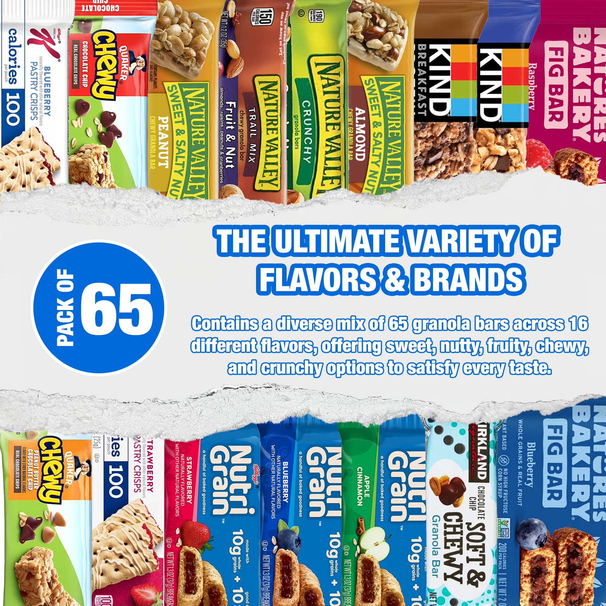 Granola Bars Bulk Variety Pack – 65 Count Healthy Granola Bars Variety Snack Box – Office Snacks & Healthy Breakfast Bars for Adults and Kids – Grab and Go Assorted Flavors