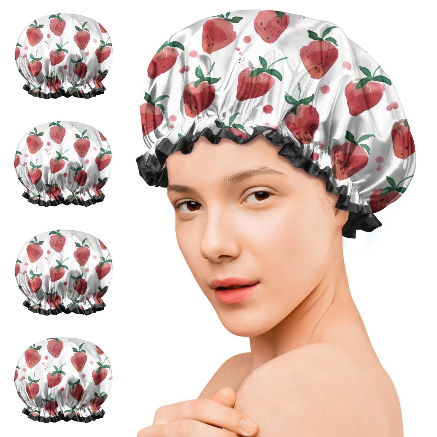 Shower Caps,Strawberry Plants Fruit Watercolor Waterproof Shower Cap for Women 4 Pieces,Double Reusable Hair Cover for Shower PEVA Elastic Stretch Hem