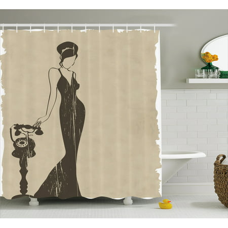 Vintage Woman Shower Curtain, Woman Model Silhouette in Stylish Dress Waiting for Telephone Call, Fabric Bathroom Set with Hooks, 69W X 75L Inches Long, Beige and Dark Taupe, by