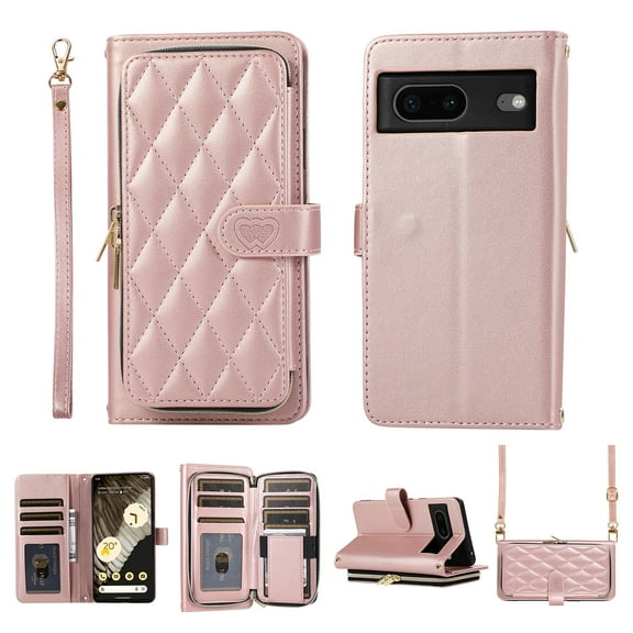 Nalacover for Google Pixel 7a 6.1 inch Premium PU Leather Crossbody Case with Shoulder Strap & Wrist Strap,Shockproof Magnetic Flip Kickstand Credit Card Slots Zipper Wallet Phone Case,Rosegold