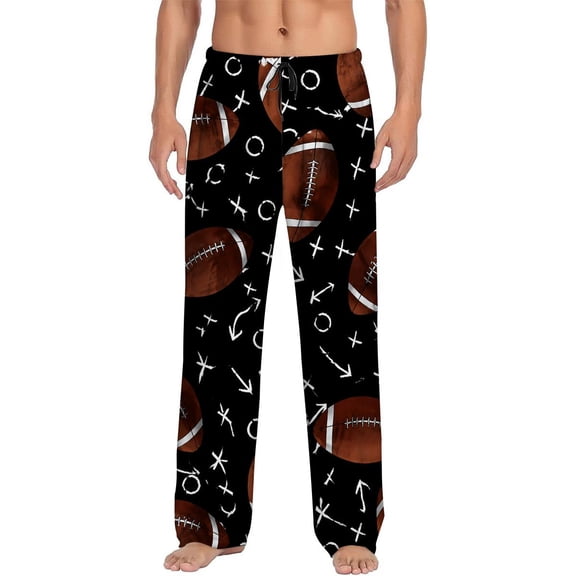 Men's pajama pants with brown football and playbook pattern on black background, soft home pajama pants, casual and comfortable loose fit pajama pants, elastic waistband