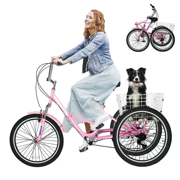 FICISOG Foldable Adult Tricycle for Women, 7 Speed Adult Folding Trikes with Rear Basket, Carbon Steel 3 Wheel Cruiser Bik with Double-Wall Wheel Rims for Women Men Seniors, 20"/24"/26"
