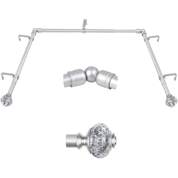 Bay Window Curtain Rod, Silver Curtain Rods for Bay windows 32 to 86 Inch (Center Rod), 32 to 58 Inch Side Rod for windows, Decorative Drapery Rods with Bling Finials
