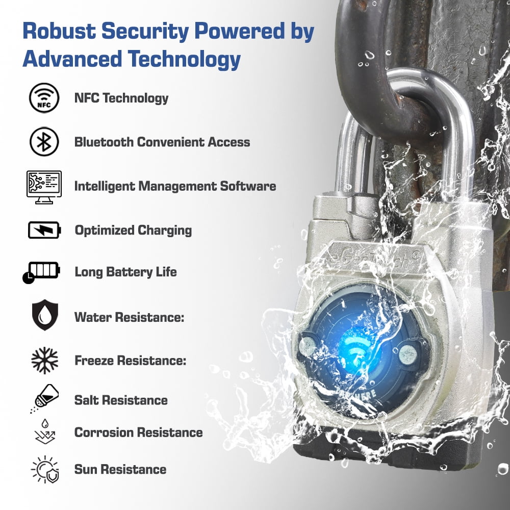 eGeeTouch Outdoor Smart Padlock - with Bluetooth & NFC, 5th Gen, Long shackle