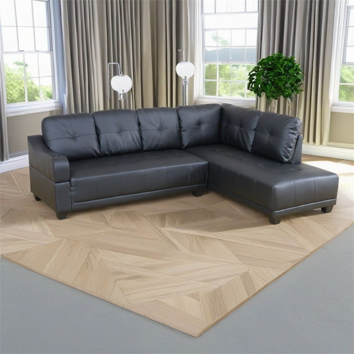 Hommoo Semi PU Synthetic Leather 4-Seat Couch Living Room Furniture Set, Modern L-Shaped Couch Sofa, Sectional Sofa for Home & Office, 16.5'' Back Height, Black(No Ottomans)
