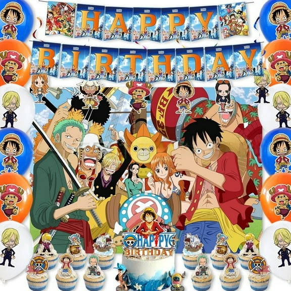 One Piece birthday party supplies, One Piece party decoration set - One Piece birthday decoration banner background cloth, balloon cake decoration and other party supplies