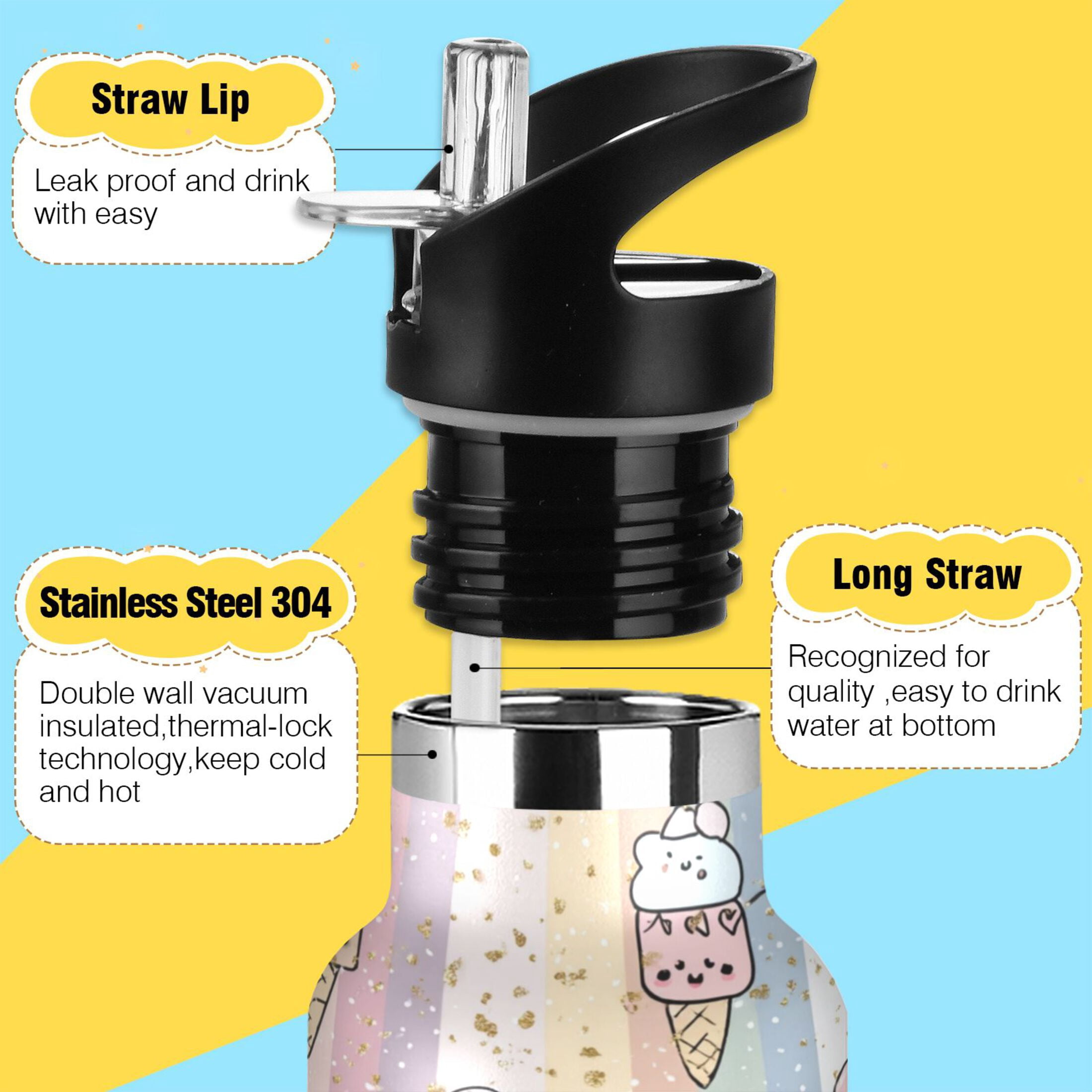 Kids Insulated Stainless Steel Sports Water Bottle 600ml Pastel Cartoon Ice Cream Pattern