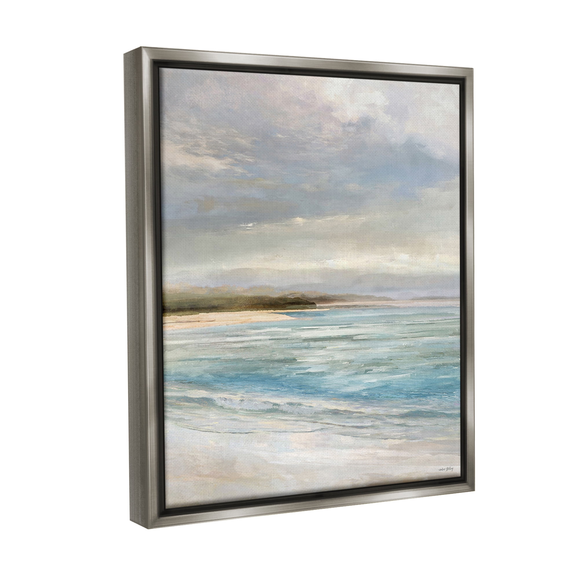 Stupell Industries Overcast Beach Scenery Landscape Painting Gray Floater Framed Canvas Art Print Wall Art, 17 x 21