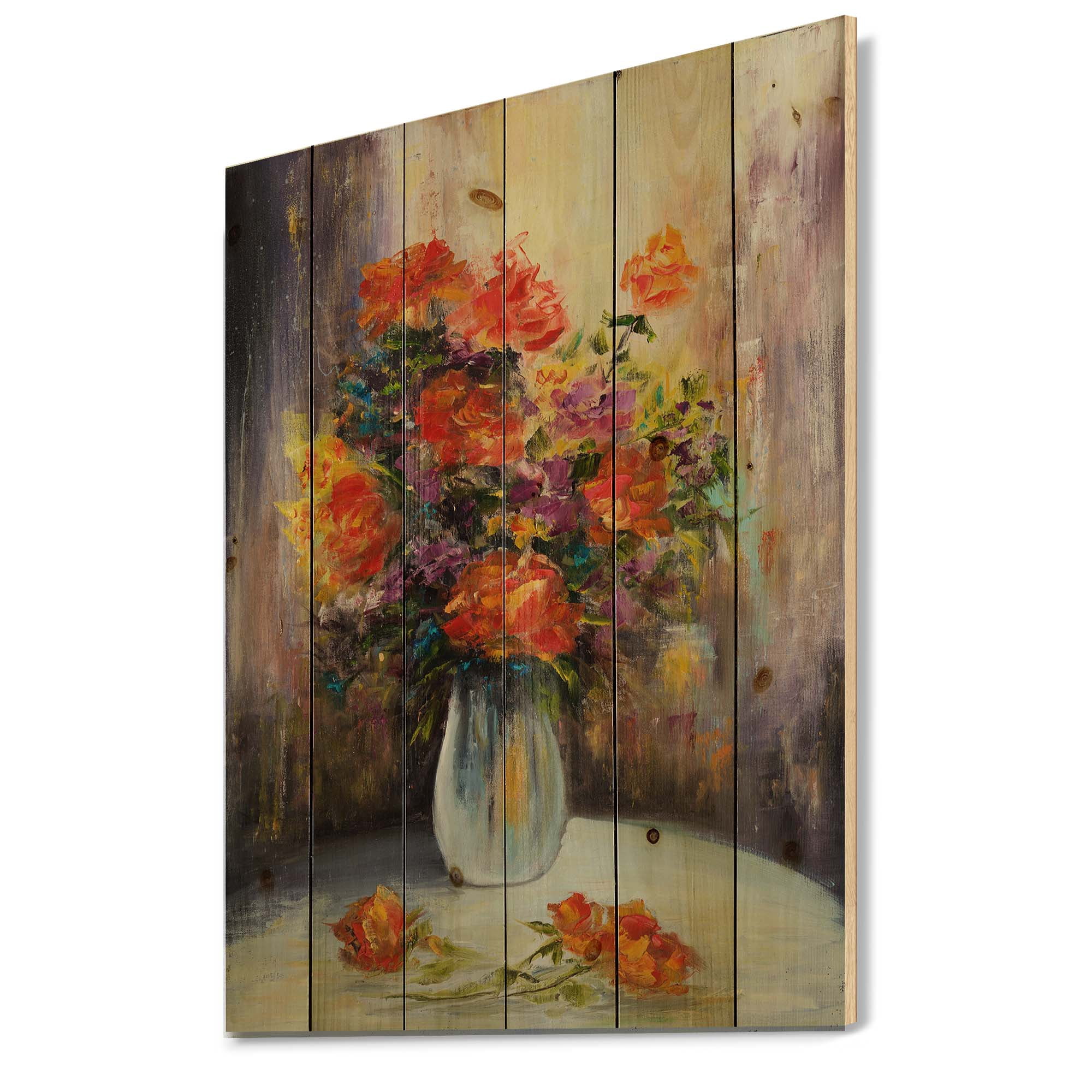 Designart 'Still Life Bouquet With Yellow and Red Flowers' Traditional Print on Natural Pine Wood