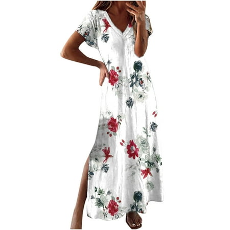

Women s Short Sleeve Maxi Dress Summer Casual V-Neck Printed Long Dresses with Side Split