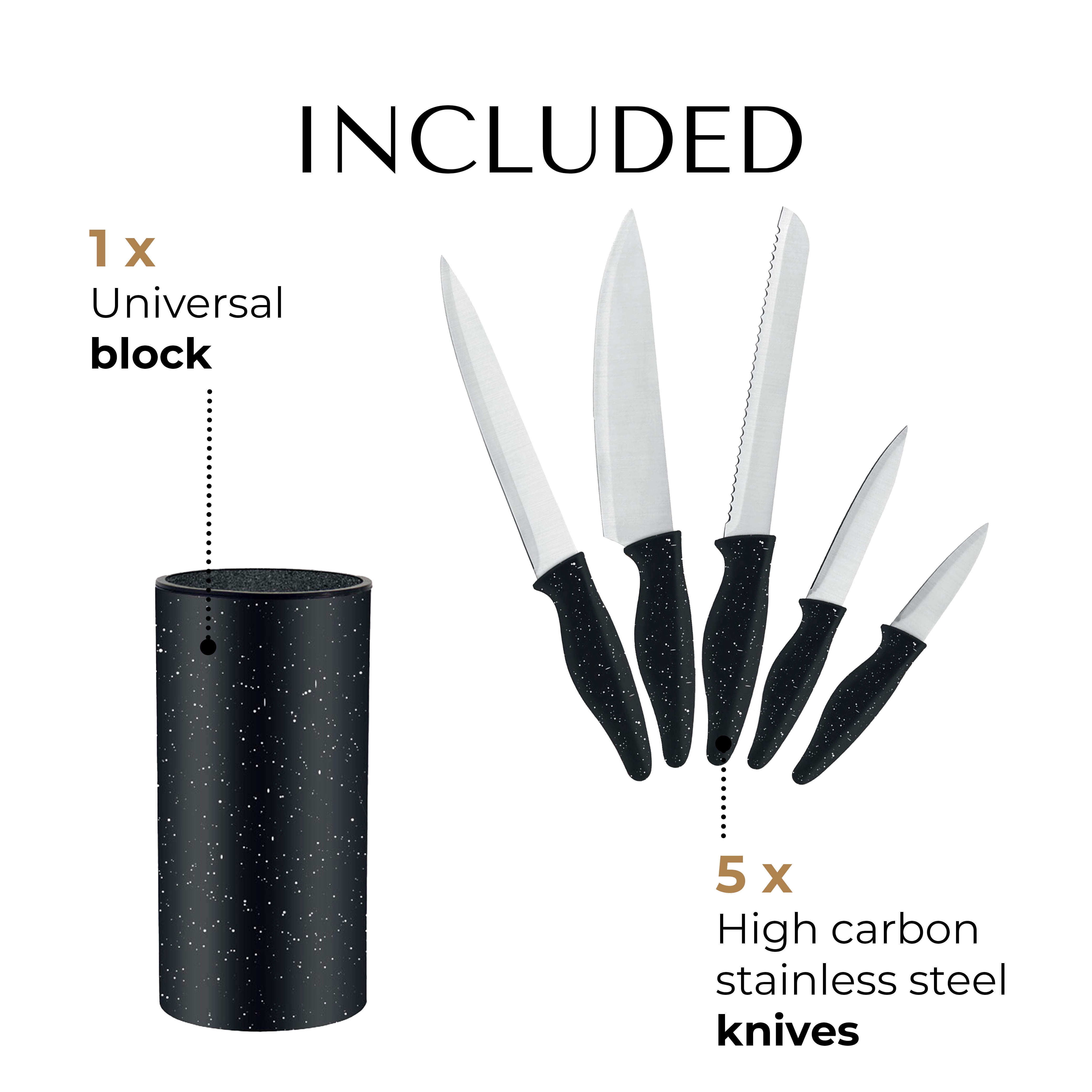 JS Gourmet - Knife Set with Universal Storage Block, Stainless Steel Blade, Black