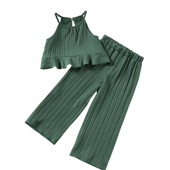 BemeyourBBs Little Girl Pants Set Solid Sleeveless Ruffle Cami Tops Wide Leg Pants