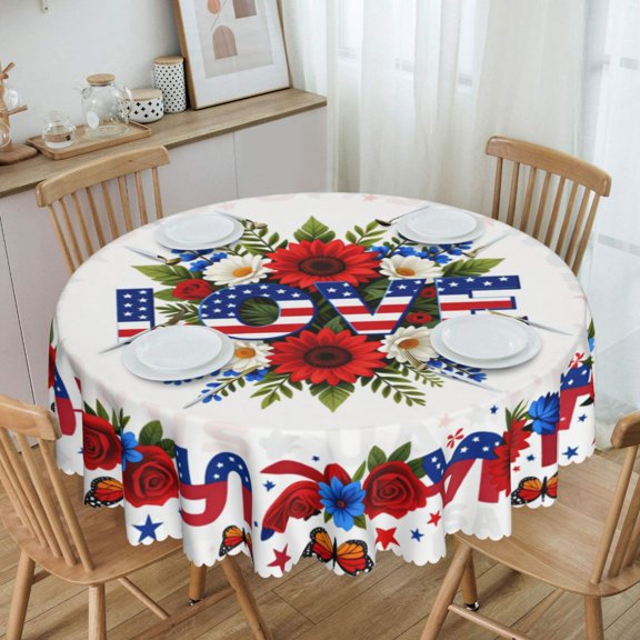 Usa Flag Floral Patriotic Wreath Round Tablecloth Waterproof Oil-Proof Plastic Table Cloth Stain-Resistant Wipeable 60" for Camping, Dining, Indoor and Outdoor
