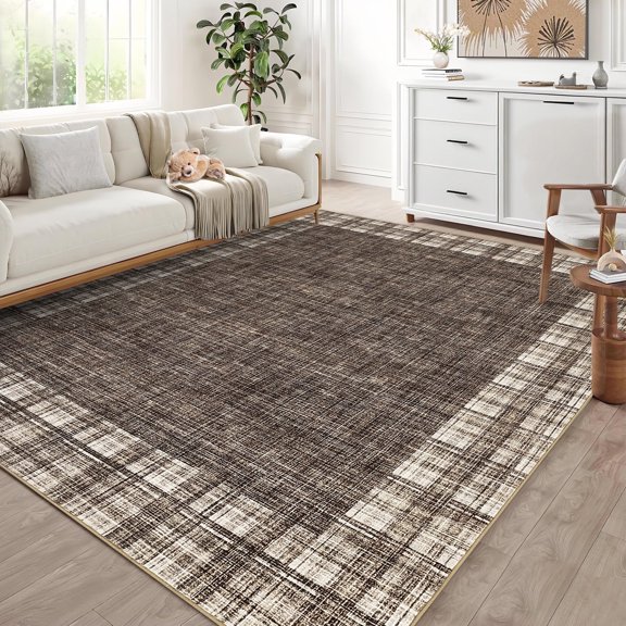 Yesurprise 5x7 Modern Plaid Area Rugs - Bordered Washable Area Rugss, Non-Slip Soft Floor Carpet Low Pile Indoor Foldable Printed Accent Area Rugs for Living Room Bedroom Office, Brown