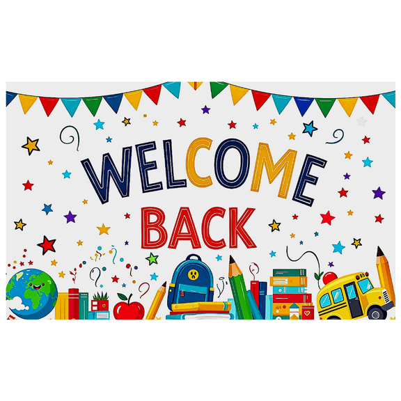 Colorful Welcome Back School Themed Banner with Star Cloud Pencil Globe Apple Bus and Backpack Elements for Classroom Decor School Events Party Backdrop Photography Props