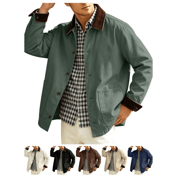 Atkumj Jackets for Men Fashion Button Front Corduroy Collar Cuffs Fall Jacket Casual Classic Lapel Work Coat with Two Pockets