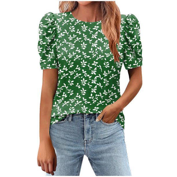 Tops de Manga Corta de las Mujeres Impreso Cuello Redondo, Suelto Casual Top para el Hogar Y el Uso Diario