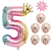 SUNFICON 40 Inches 5 Number Balloon, Giant Rainbow Digit Helium Foil Balloons,1 Gold Crown Balloon, 5 Confetti Balloons for Birthday Wedding Anniversary New Year Party Decorations