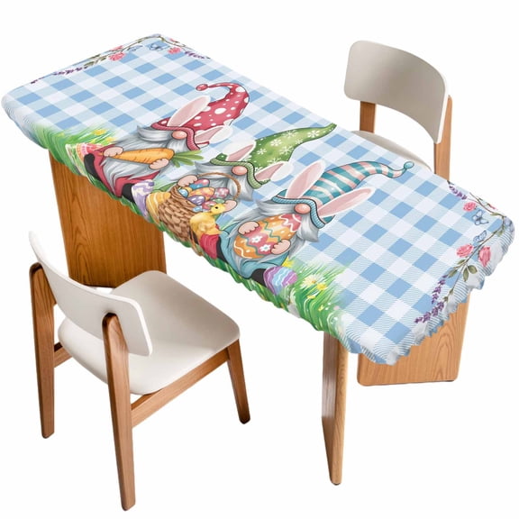 Easter Bunny Gnomes Table Cloths for 8 Foot Rectangle Tables, Spring Easter Eggs Floral Blue Plaid Patio Waterproof Elastic Fitted Tablecloths, Washable Rectangular Table Cover for Camping