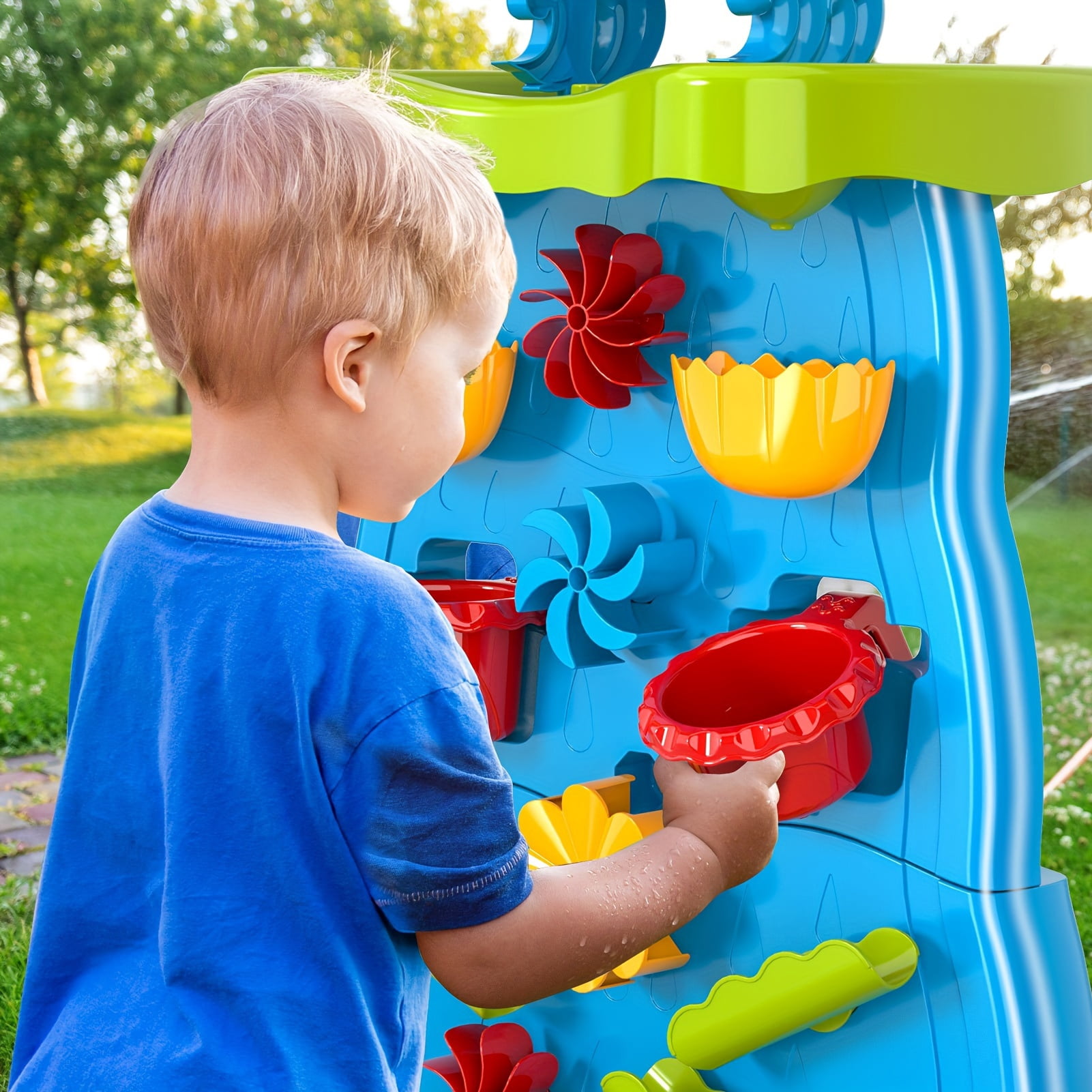 Kids Waterfall Water Table Play Set -Blue- Double-Sided Waterfall Discovery Wall, With Shovels, Buckets, Sea Creatures for Outdoor Backyard Beach Sensory Play, Gift for Boys Girls Age 3+