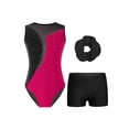thumbnail image 1 of Runhomal Ensemble de Gymnastique Patchwork Scintillant pour Filles, Justaucorps Sans Manches avec Short, Rose Vif 8, 1 of 4