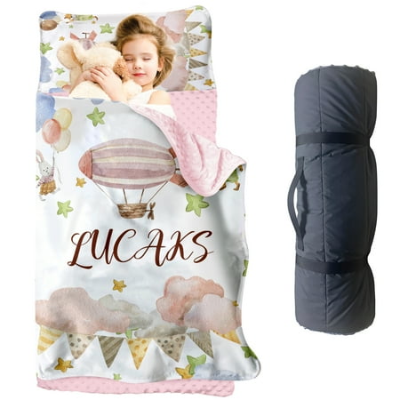 Personalized Toddler Nap Mat with Name – Elephant Theme Roll-Up Sleeping Mat for Preschool Daycare Removable Pillow Soft Minky Blanket Custom Kids Nap Mat for Girls Ideal for Travel or Camping