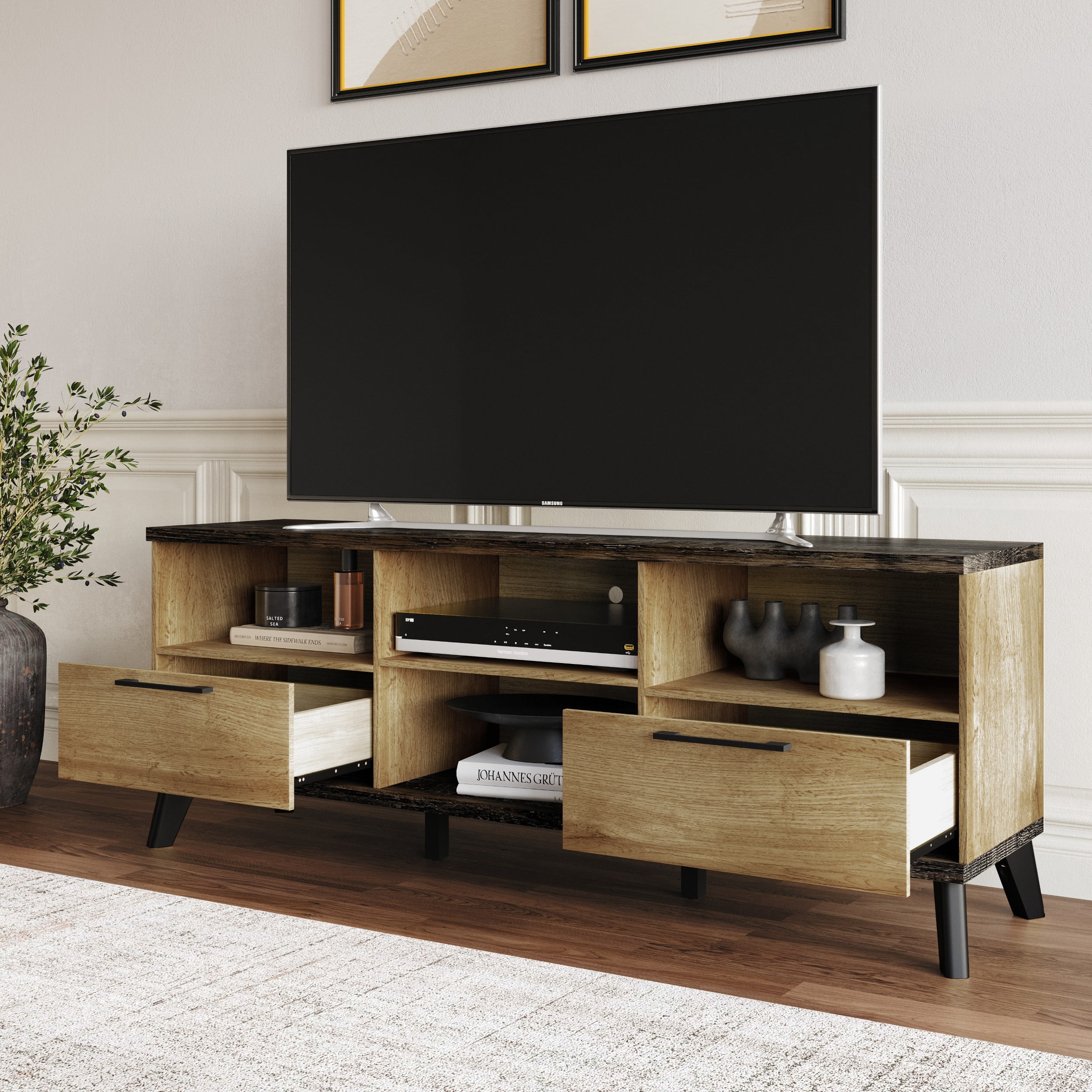 Home Design Emersyn TV Stand with Spacious Storage and Sleek Design, Natural Oak, Easy Assembly