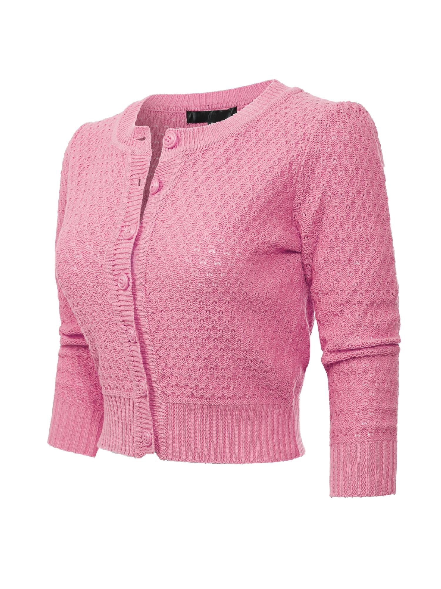 Made by Olivia Women's Button Down 3/4 Sleeve Round neck Cotton Knit  Cropped Cardigan Sweater Light Pink 1XL - Walmart.com