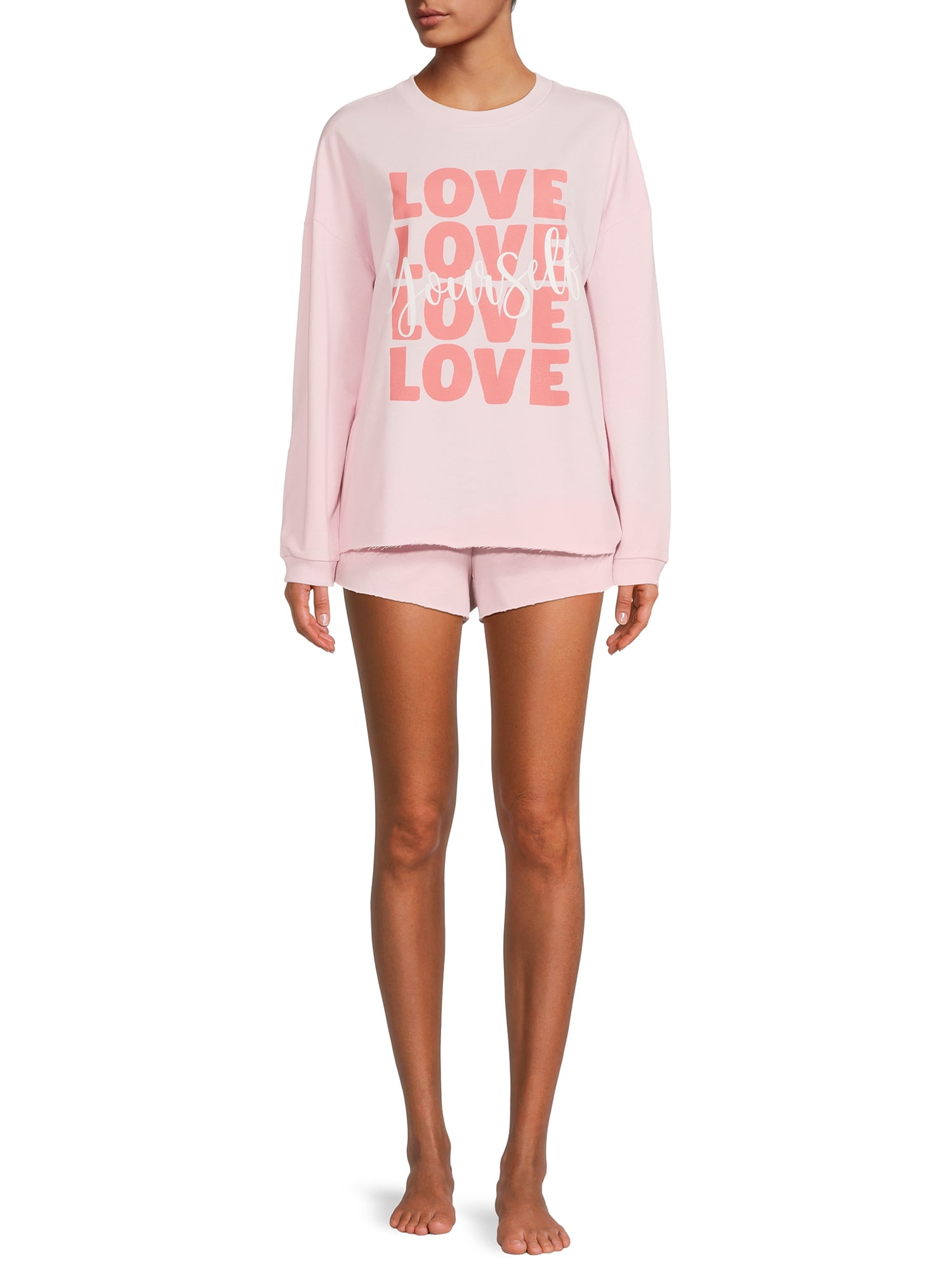Love Yourself Juniors Drop Shoulder Crew & Sleep Shorts, 2-Piece Set
