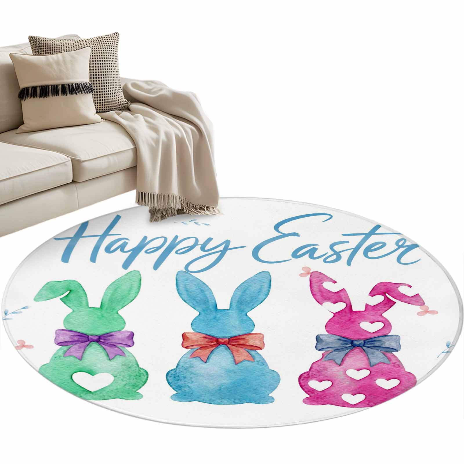 Round Area Rug 3ft Green Blue Pink Love Heart Rabbits Non-Slip Non-Shedding Floor Mat Happy Easter Washable Sturdy Carpet for Living Room Bedroom Home Decor